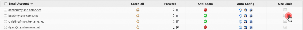 Mail quota column in the Lonex Email Manager