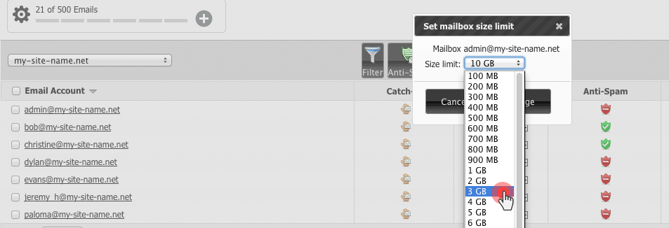 Mail quota values in the Lonex Email Manager